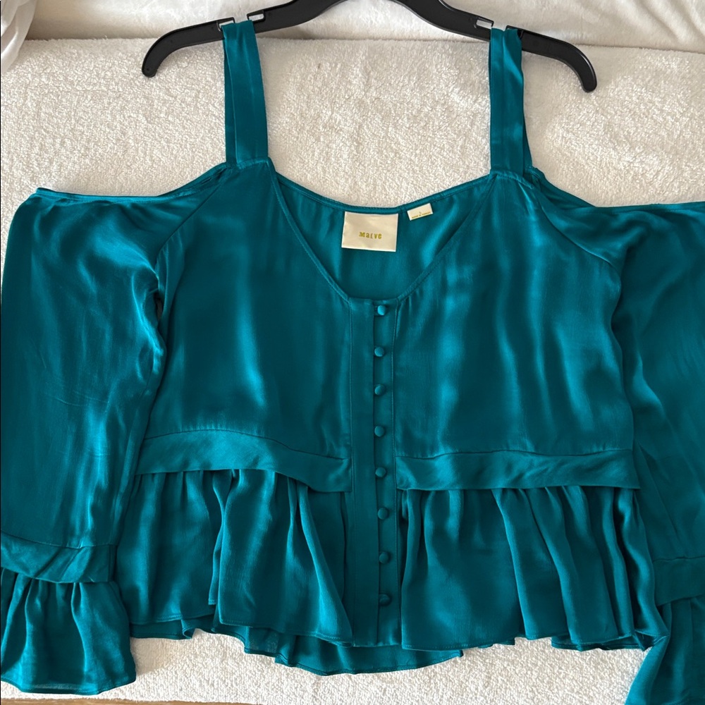 Maeve Teal Buttoned Ruffle Blouse